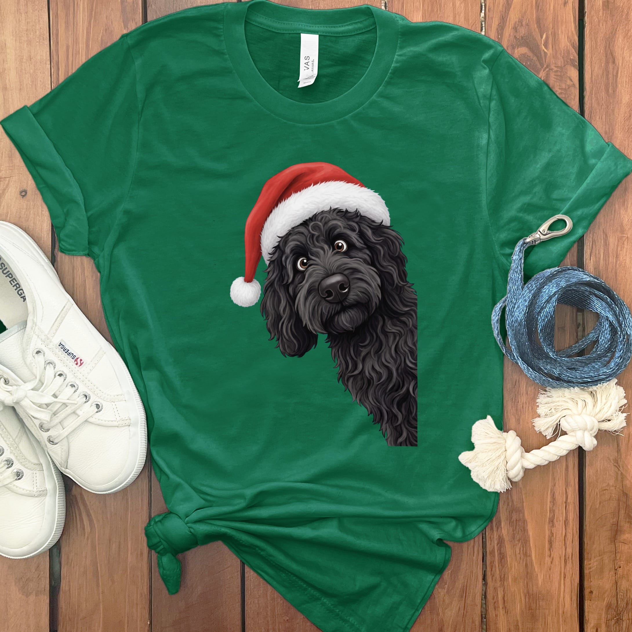 Black Goldendoodle Holiday Santa T-Shirt in Kelly / S by Puppy Jo