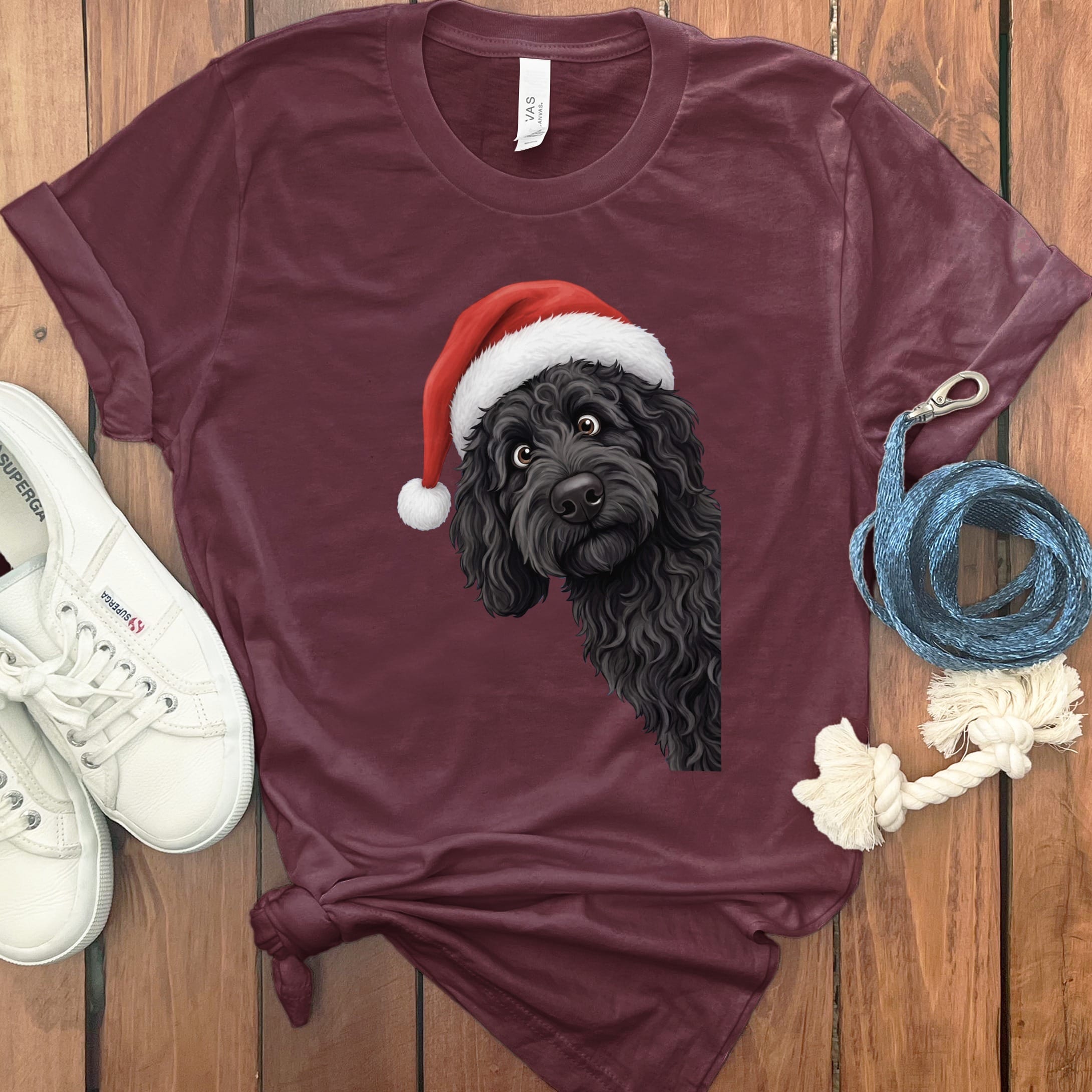 Black Goldendoodle Holiday Santa T-Shirt in Maroon / S by Puppy Jo