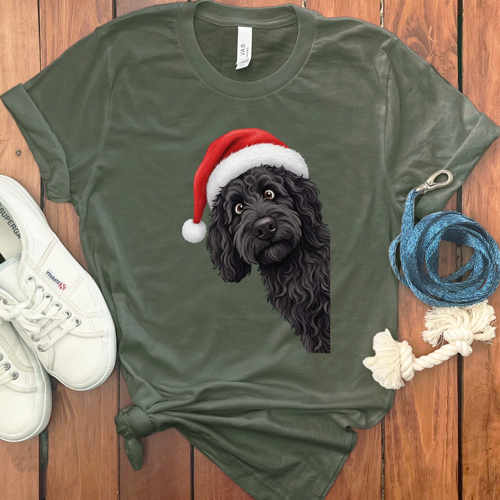 Black Goldendoodle Holiday Santa T-Shirt in Military Green / S by Puppy Jo