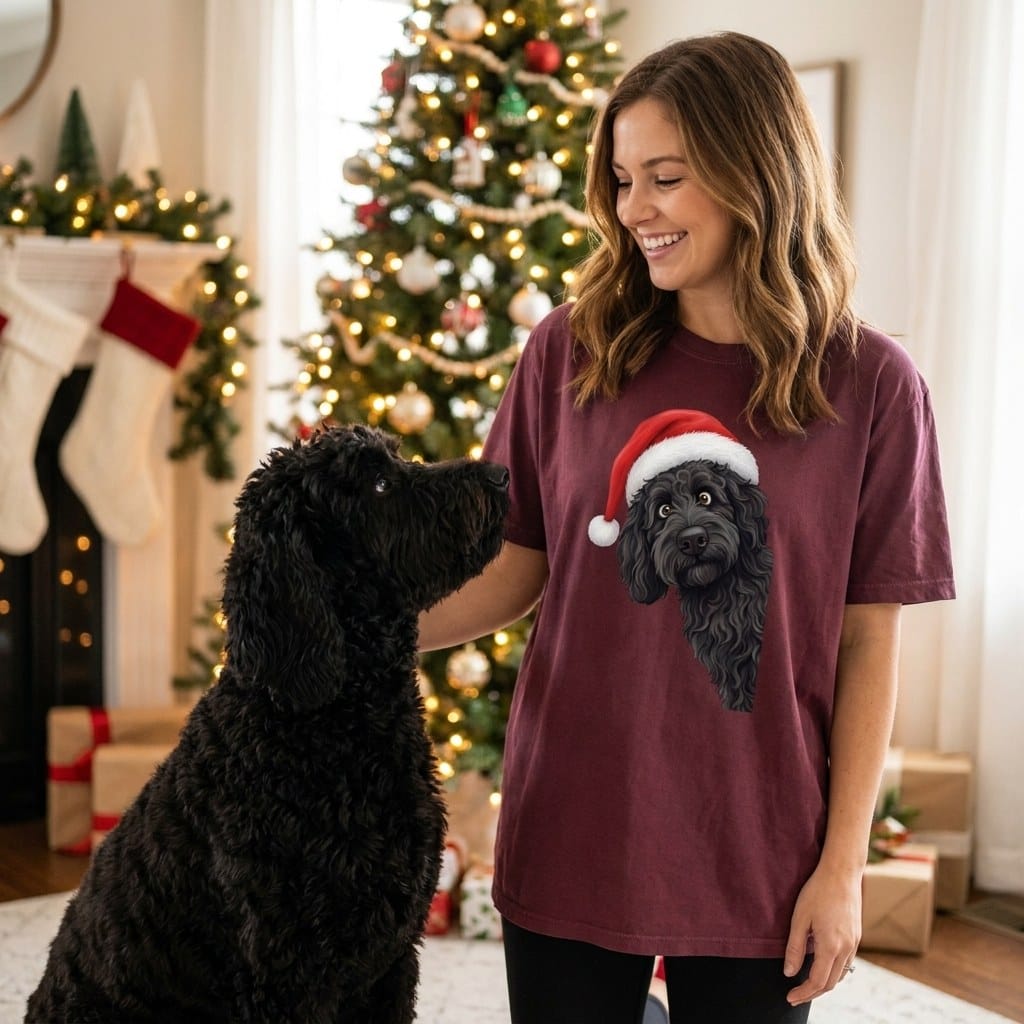 Black Goldendoodle Holiday Santa T-Shirt in by Puppy Jo