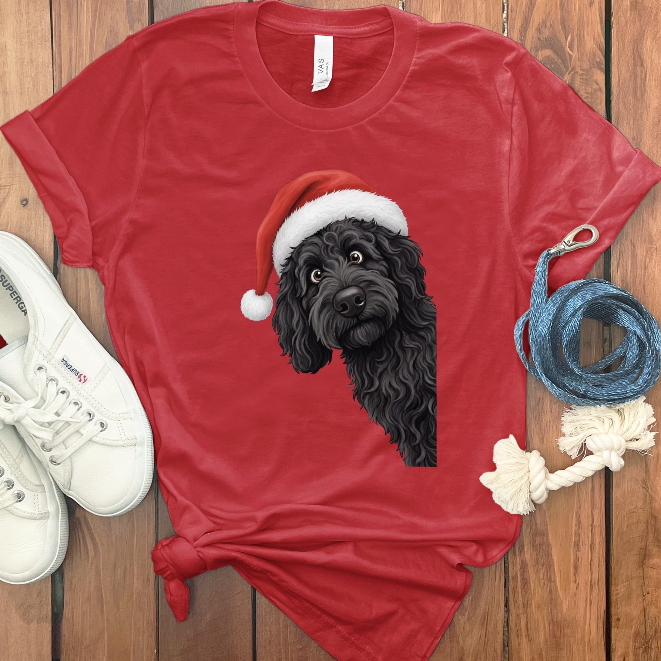 Black Goldendoodle Holiday Santa T-Shirt in Red / S by Puppy Jo