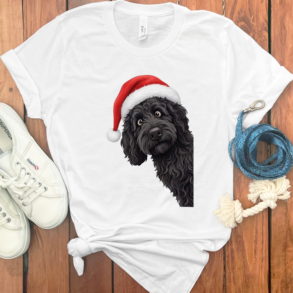 Black Goldendoodle Holiday Santa T-Shirt in White / S by Puppy Jo