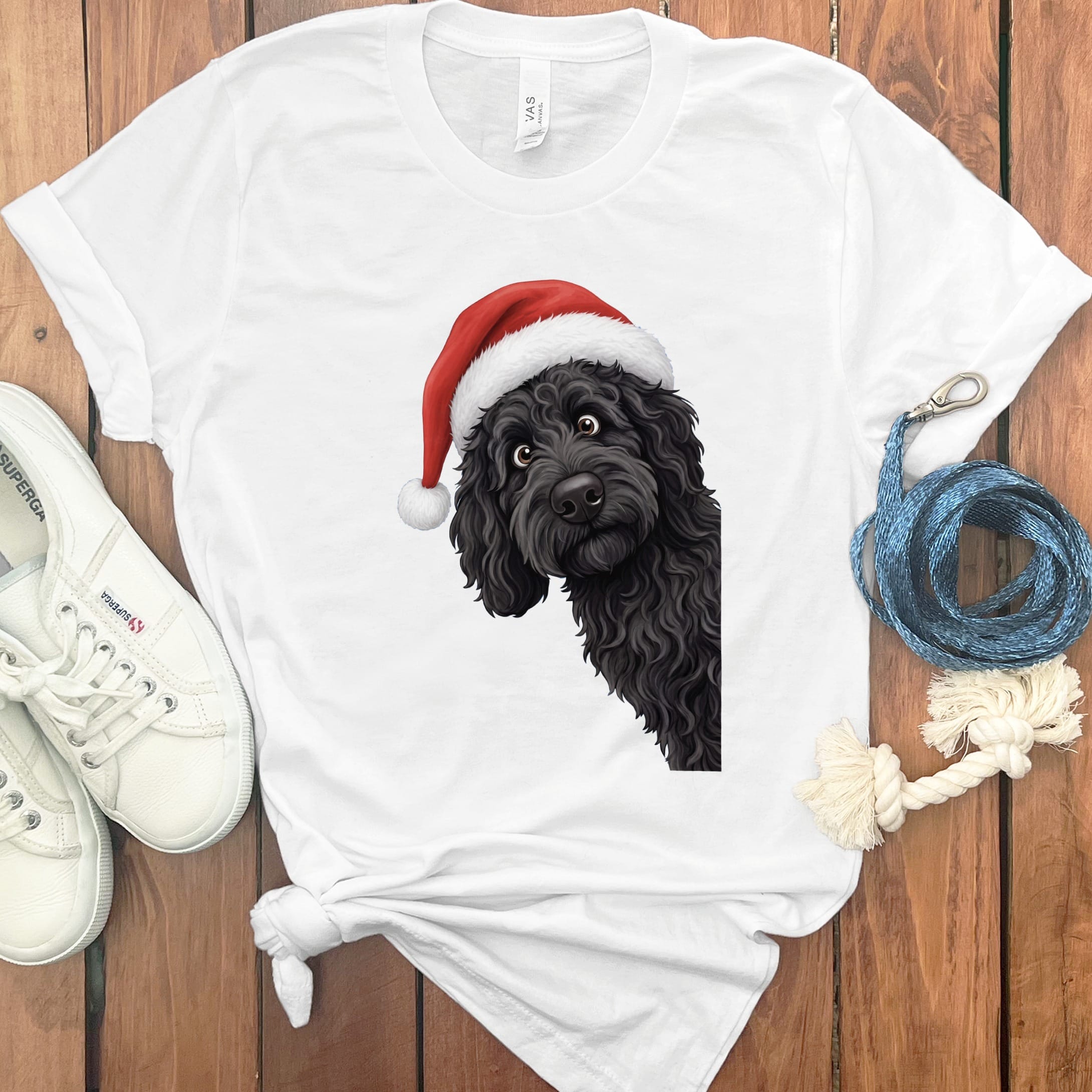 Black Goldendoodle Holiday Santa T-Shirt in White / S by Puppy Jo