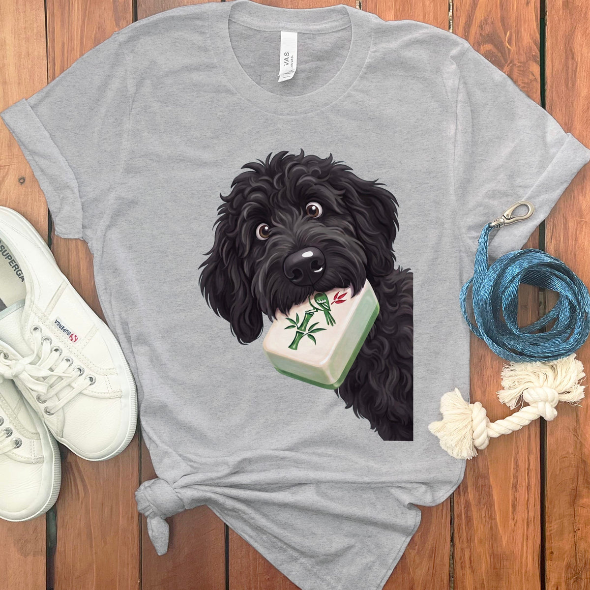 Black Goldendoodle Mahjong T-Shirt in Athletic Heather / S by Puppy Jo