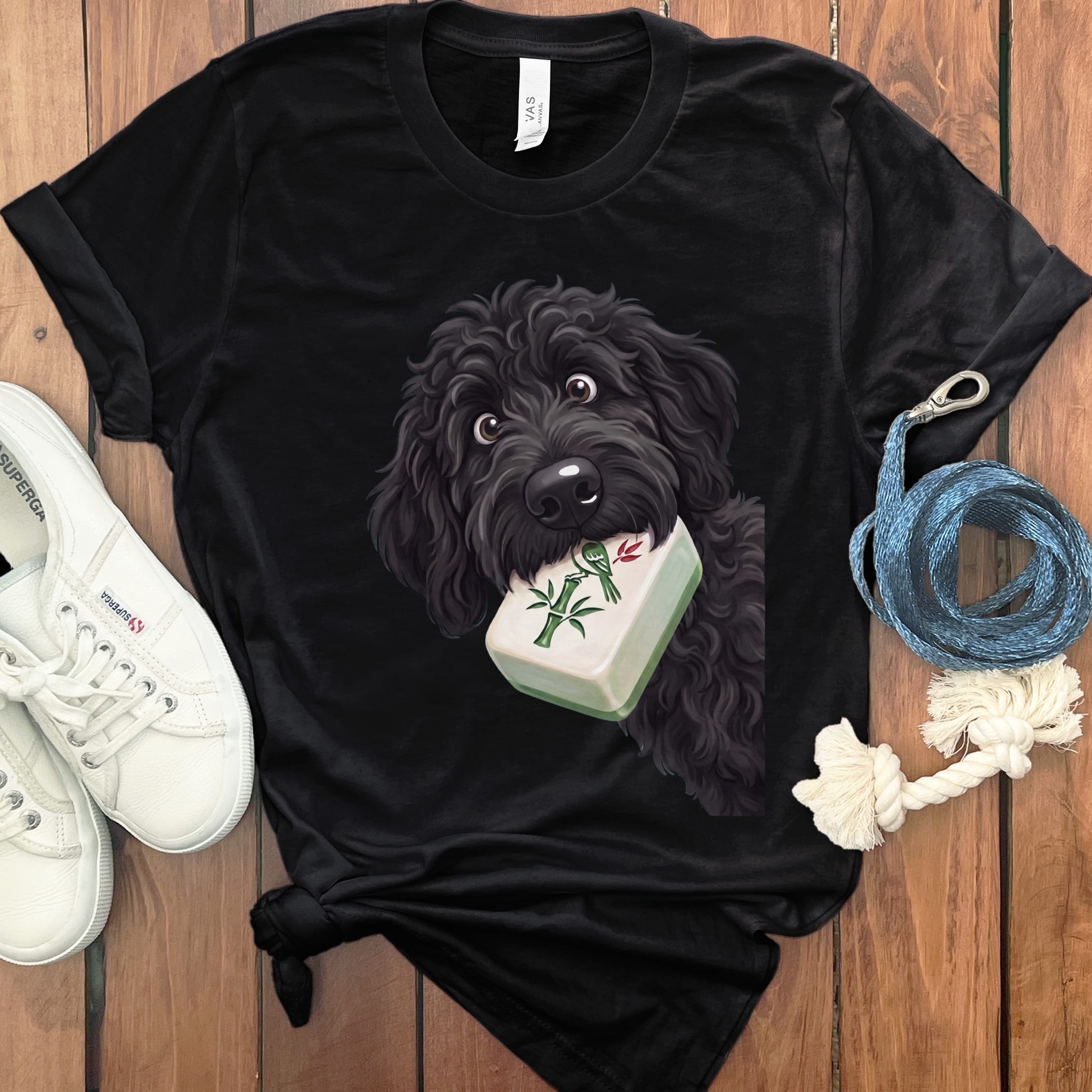 Black Goldendoodle Mahjong T-Shirt in Black / S by Puppy Jo