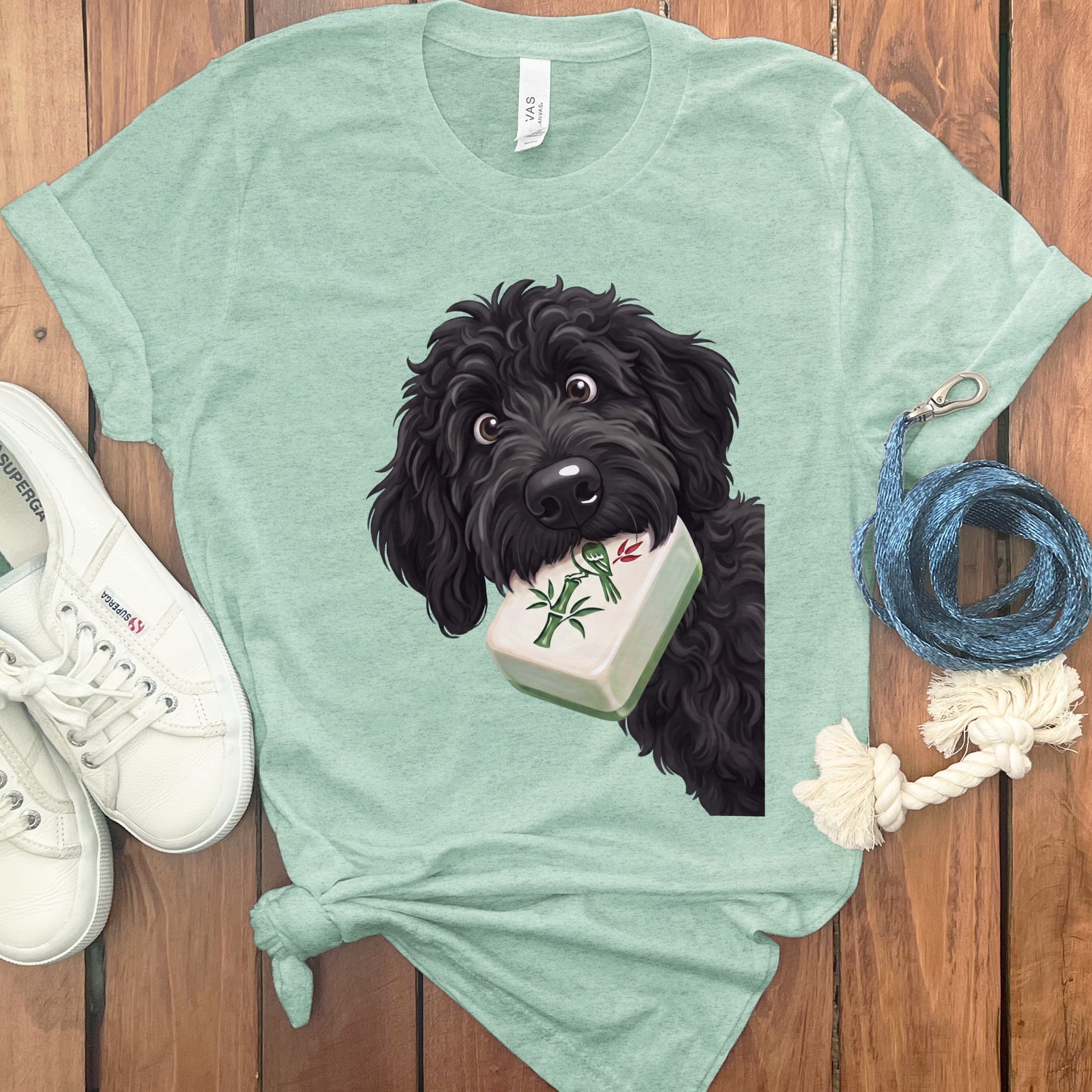 Black Goldendoodle Mahjong T-Shirt in Heather Mint / S by Puppy Jo