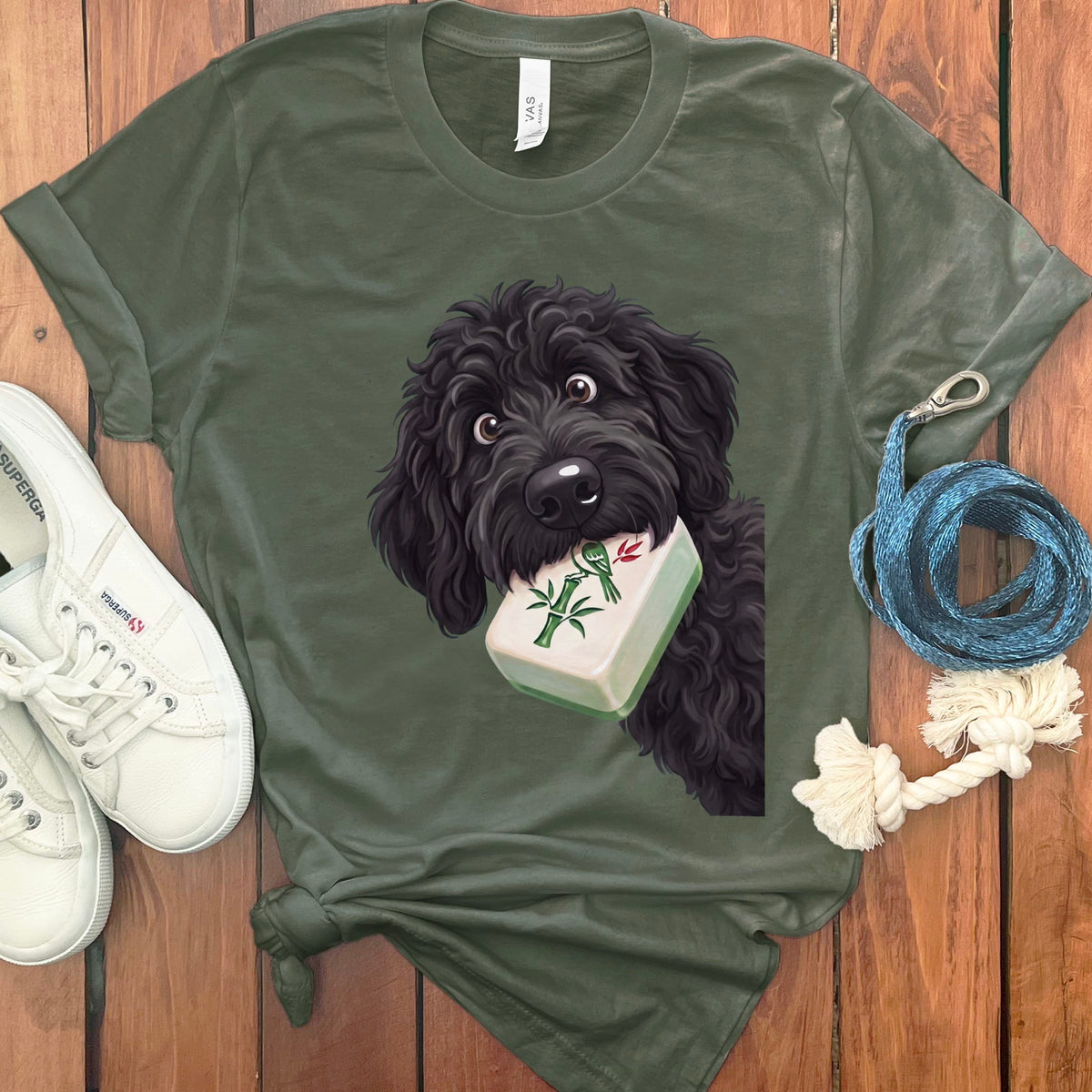 Black Goldendoodle Mahjong T-Shirt in Military Green / S by Puppy Jo