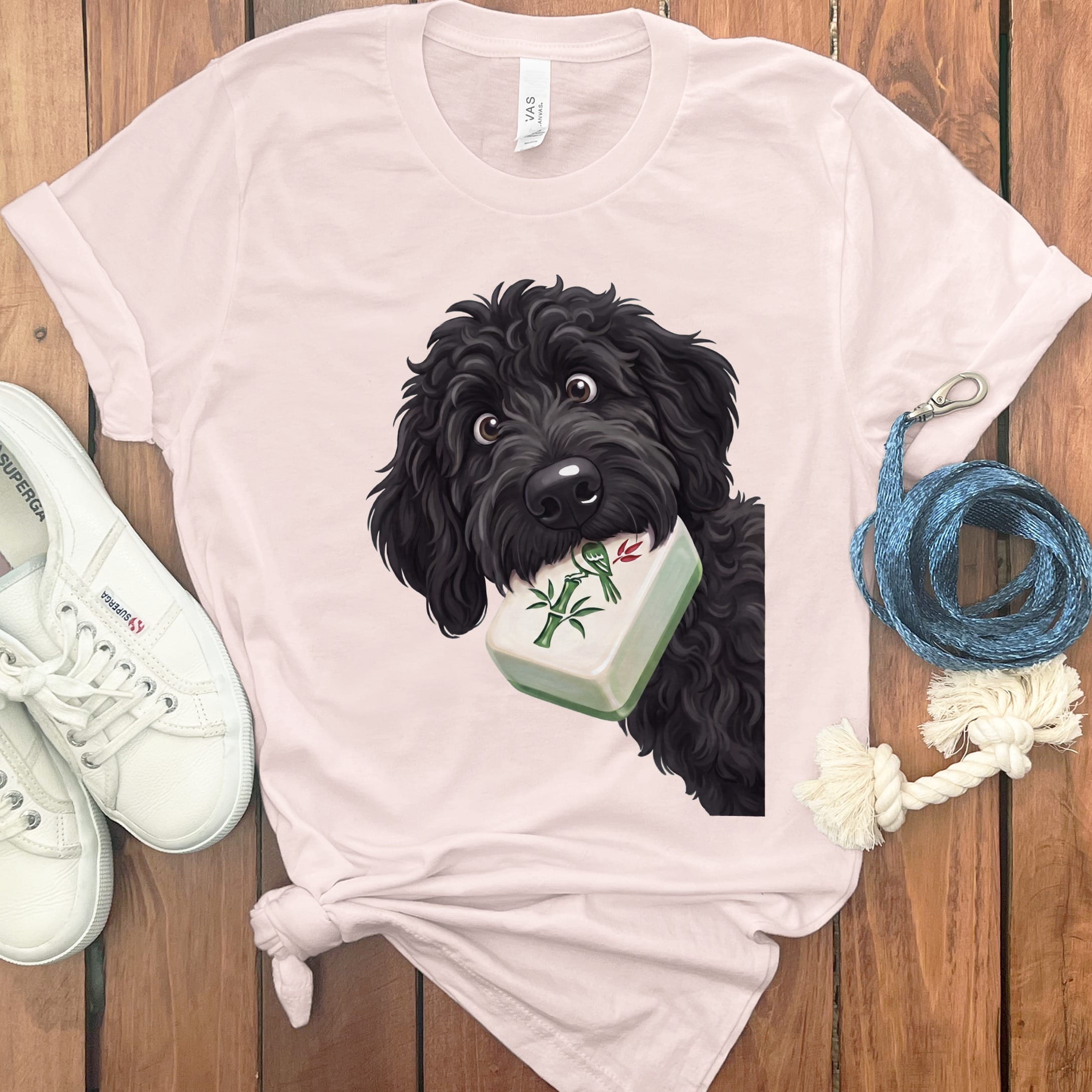 Black Goldendoodle Mahjong T-Shirt in Soft Pink / S by Puppy Jo