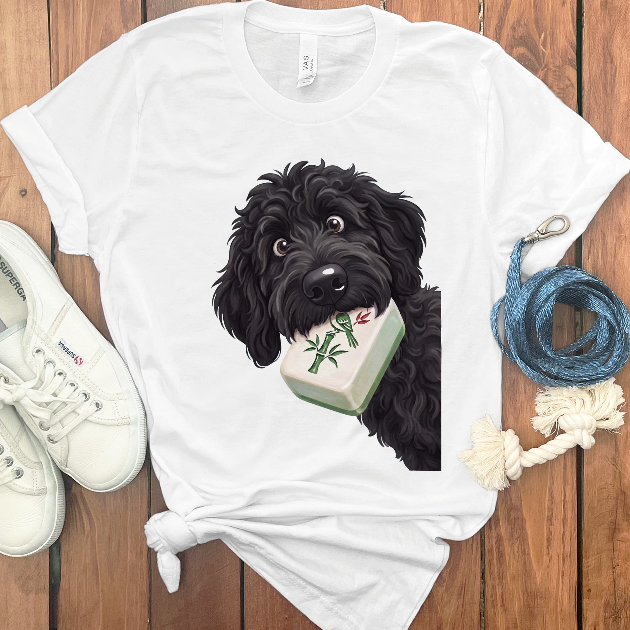 Black Goldendoodle Mahjong T-Shirt in White / S by Puppy Jo