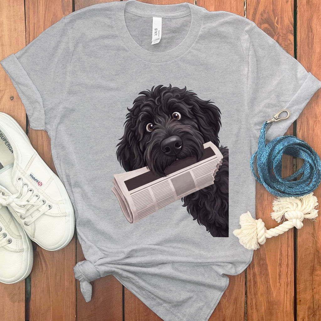 Black Goldendoodle Newspaper T-Shirt in Athletic Heather / S by Puppy Jo