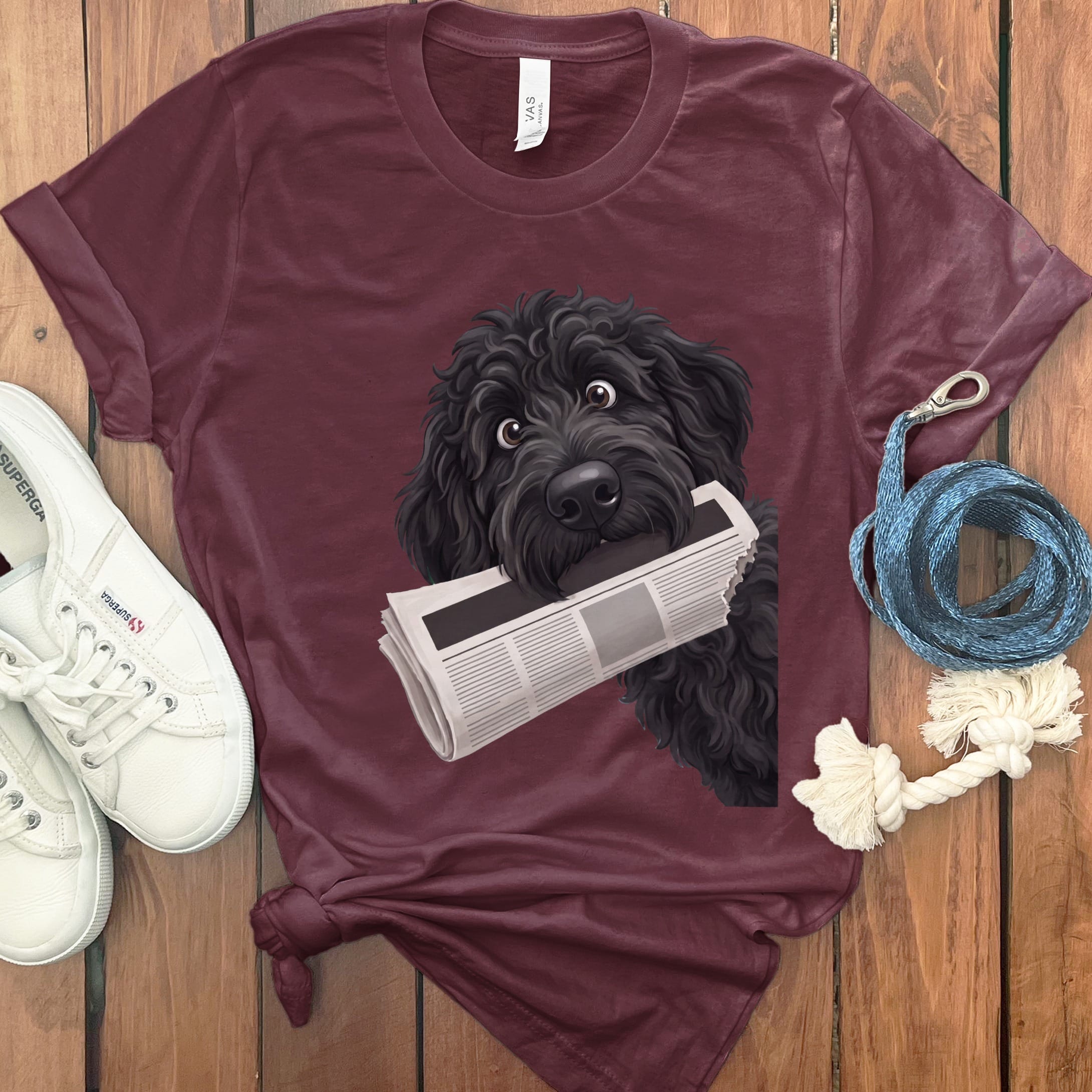Black Goldendoodle Newspaper T-Shirt in Maroon / S by Puppy Jo