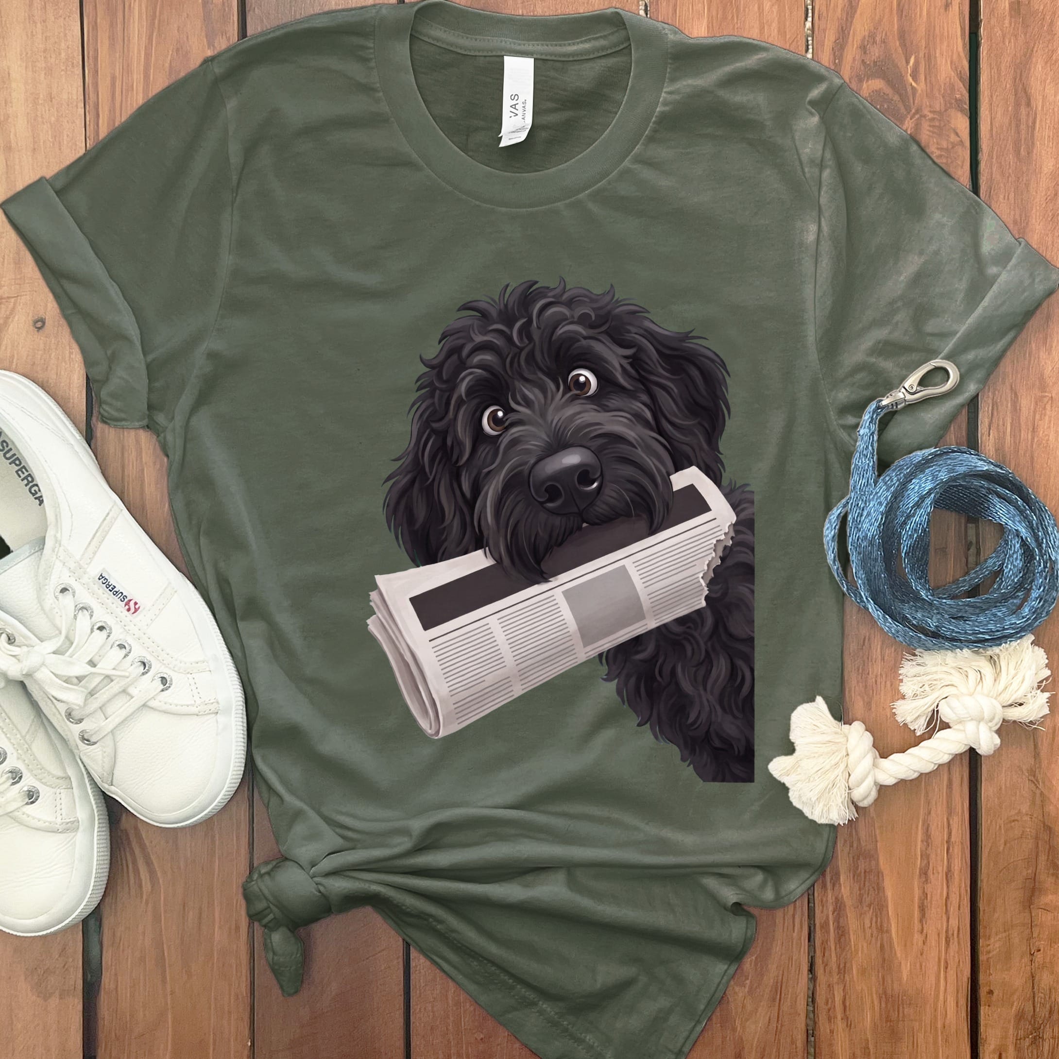 Black Goldendoodle Newspaper T-Shirt in Military Green / S by Puppy Jo
