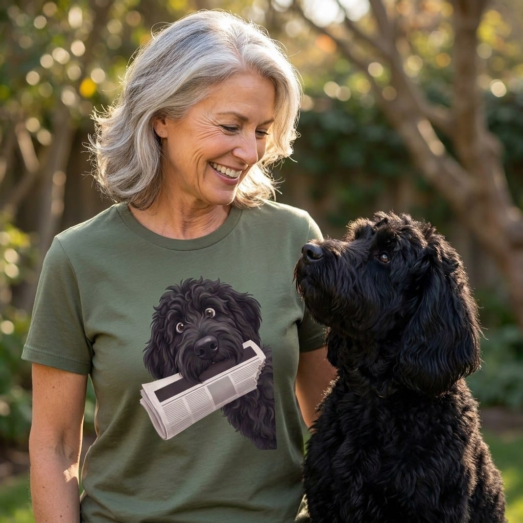 Black Goldendoodle Newspaper T-Shirt in by Puppy Jo