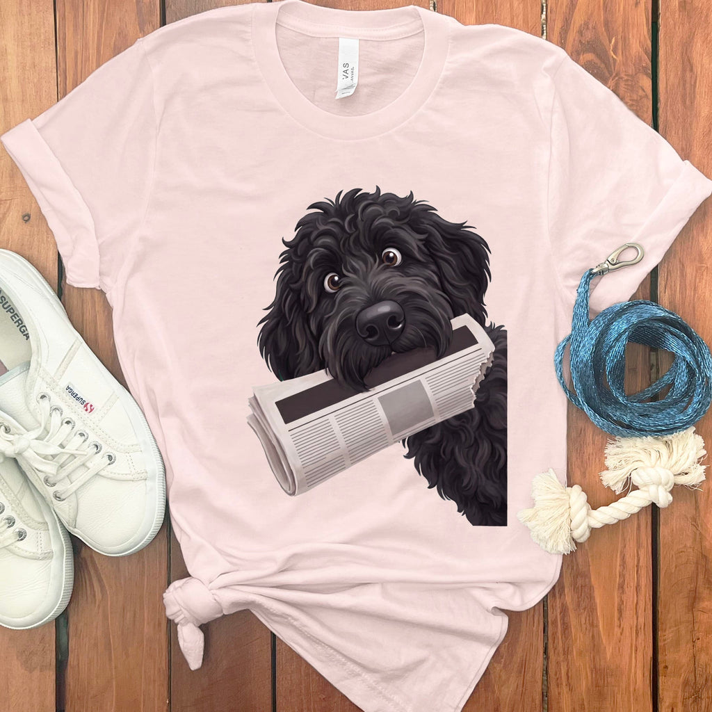 Black Goldendoodle Newspaper T-Shirt in Soft Pink / S by Puppy Jo