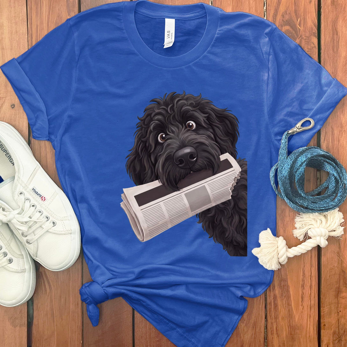 Black Goldendoodle Newspaper T-Shirt in True Royal / S by Puppy Jo