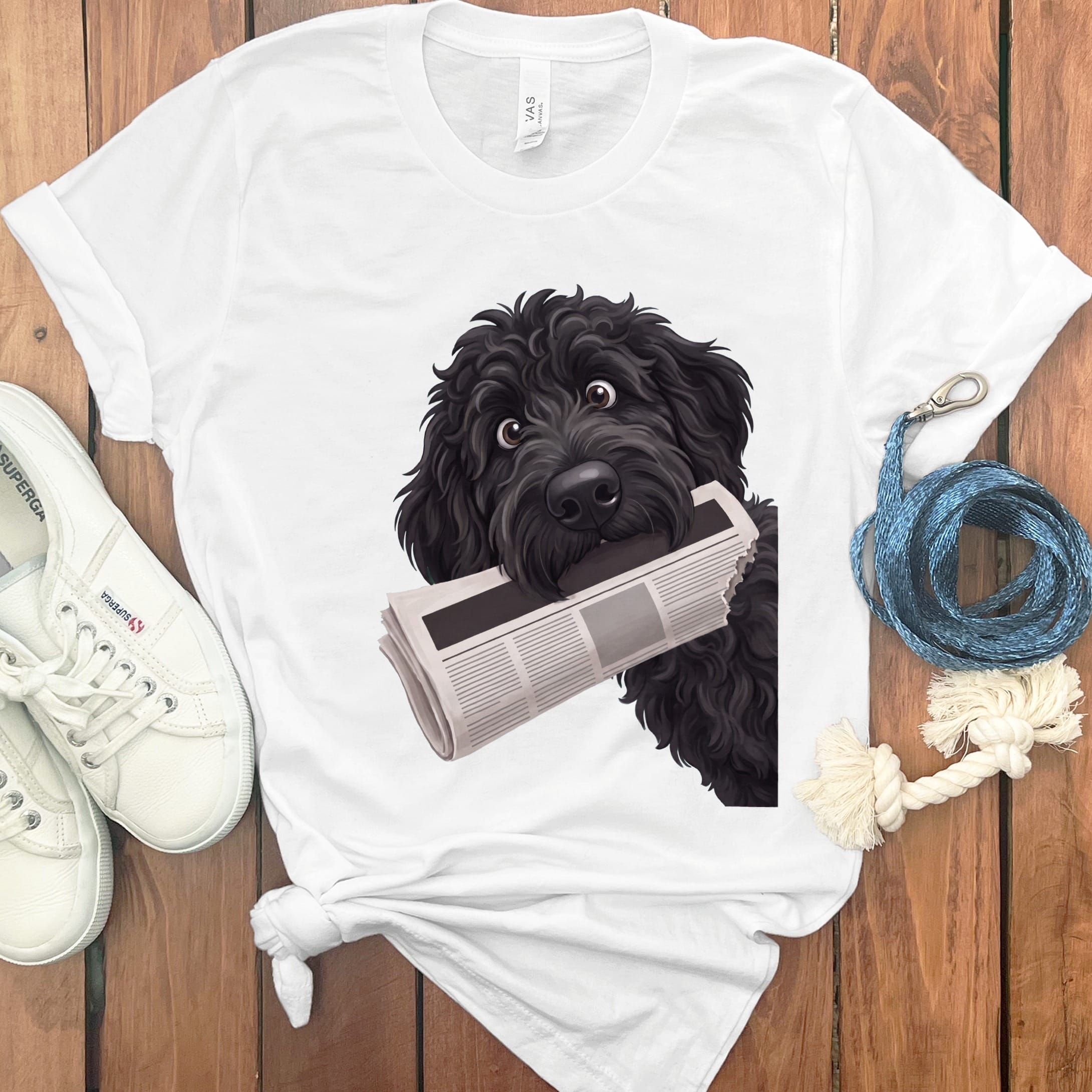 Black Goldendoodle Newspaper T-Shirt in White / S by Puppy Jo