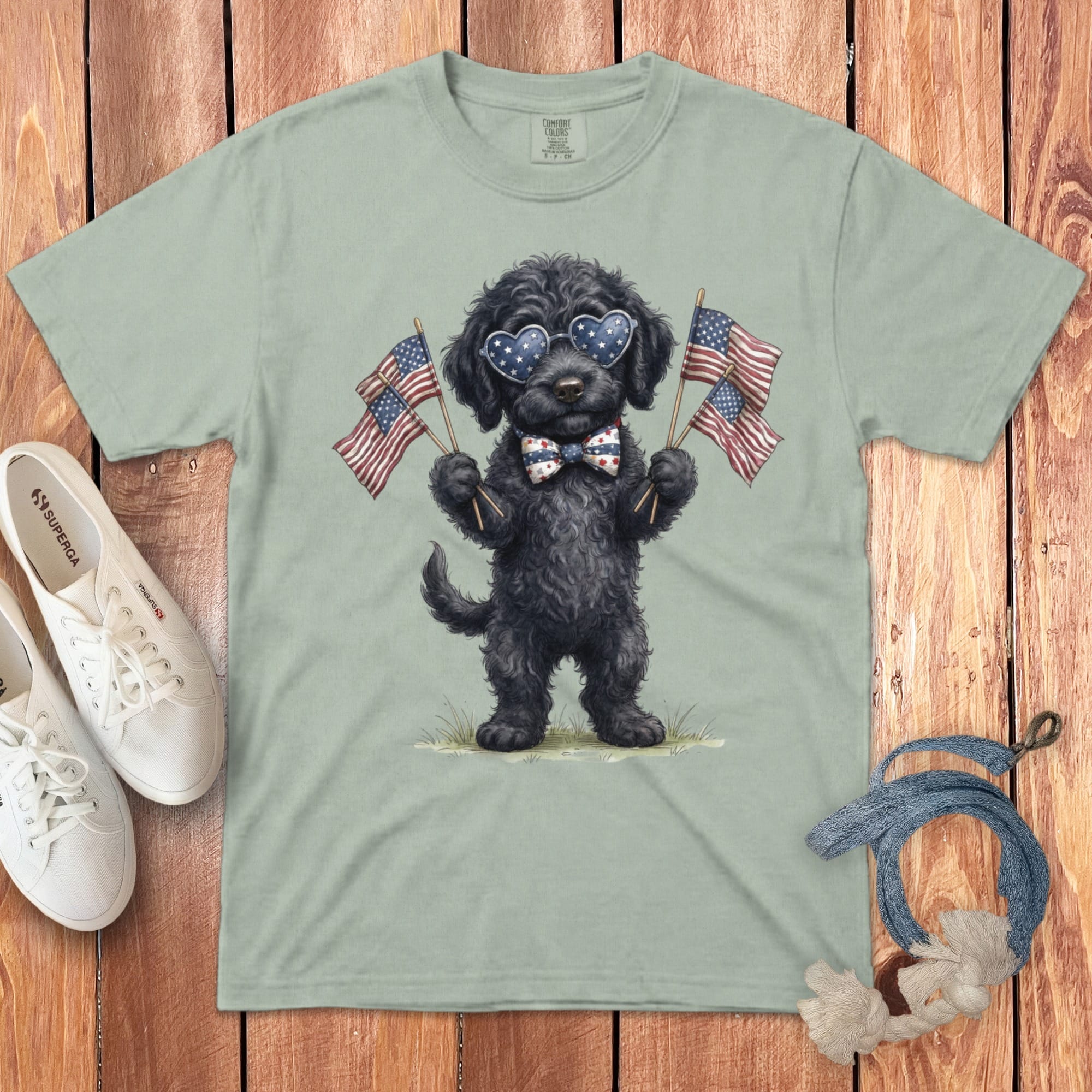 Black Goldendoodle Patriotic Celebration Signature T-Shirt in Bay / S by Puppy Jo