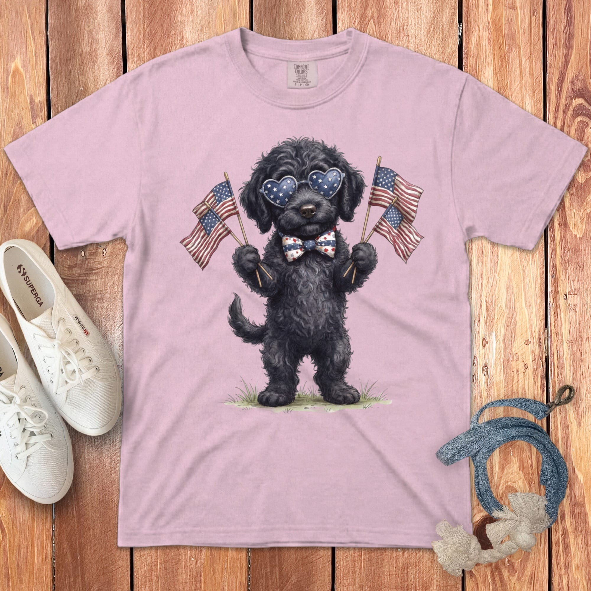 Black Goldendoodle Patriotic Celebration Signature T-Shirt in Blossom / S by Puppy Jo