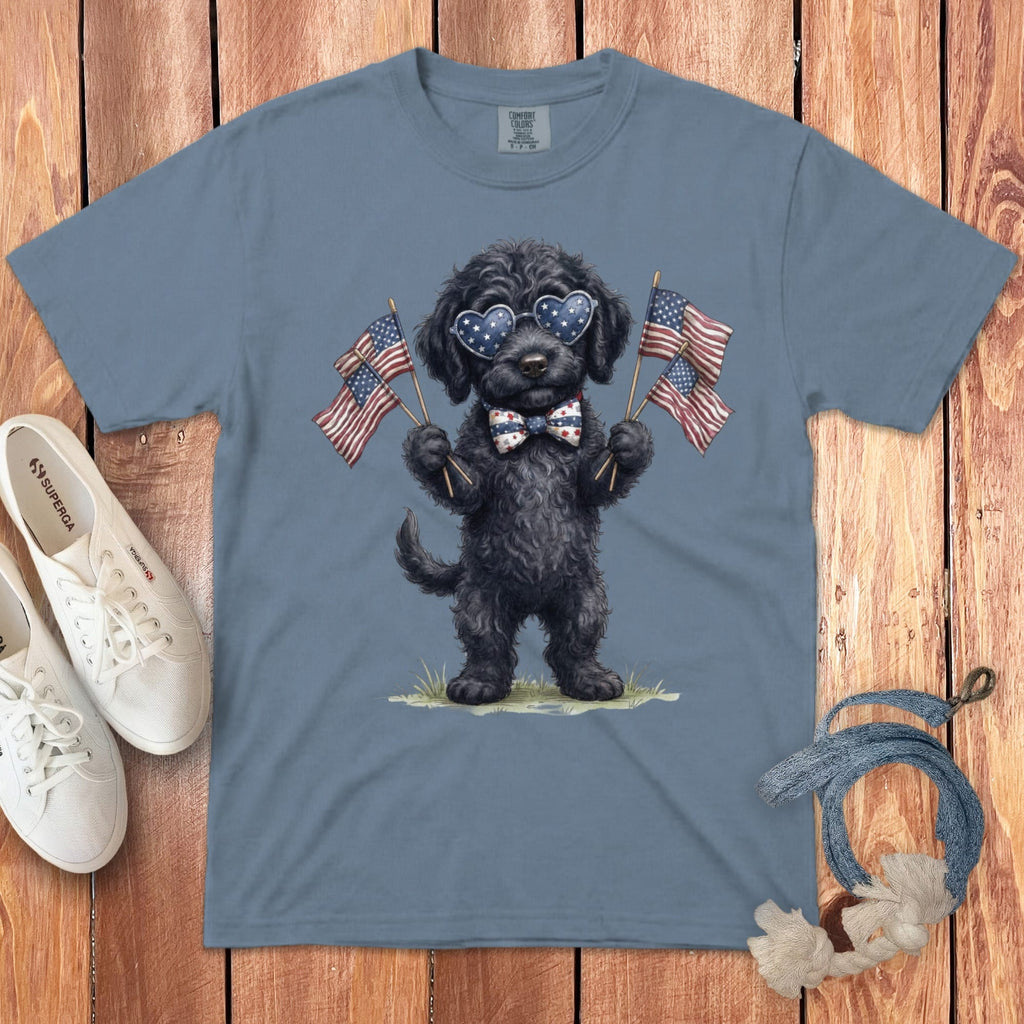 Black Goldendoodle Patriotic Celebration Signature T-Shirt in Blue Jean / S by Puppy Jo