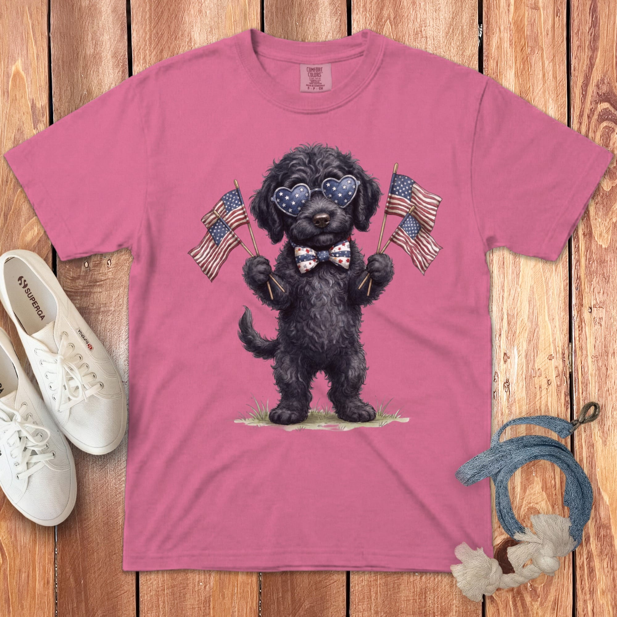 Black Goldendoodle Patriotic Celebration Signature T-Shirt in Crunchberry / S by Puppy Jo