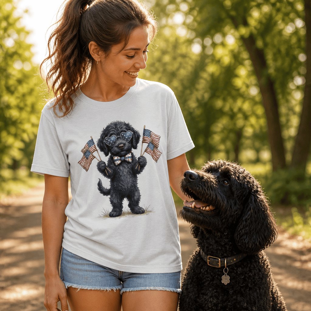 Black Goldendoodle Patriotic Celebration Signature T-Shirt in by Puppy Jo