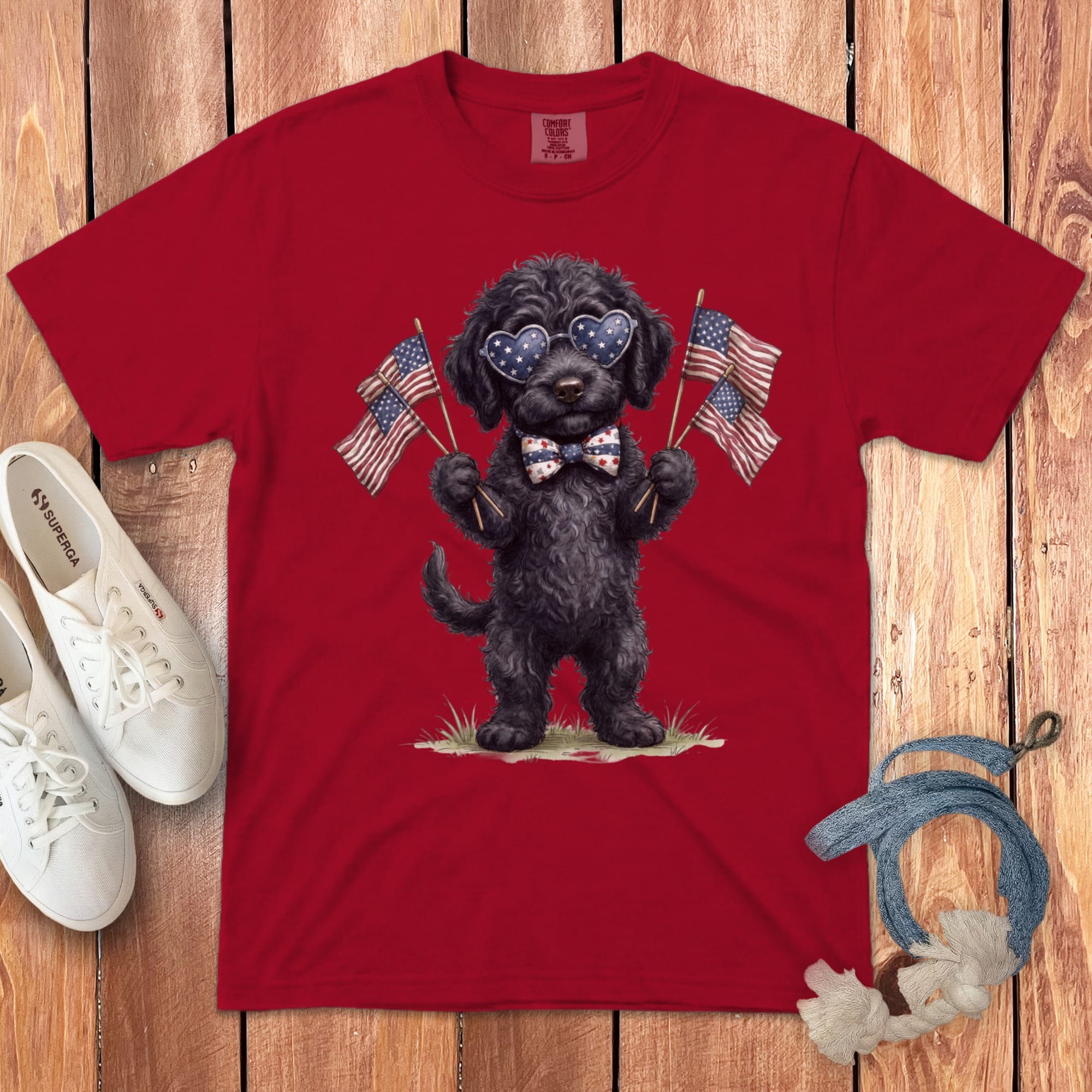 Black Goldendoodle Patriotic Celebration Signature T-Shirt in Red / S by Puppy Jo