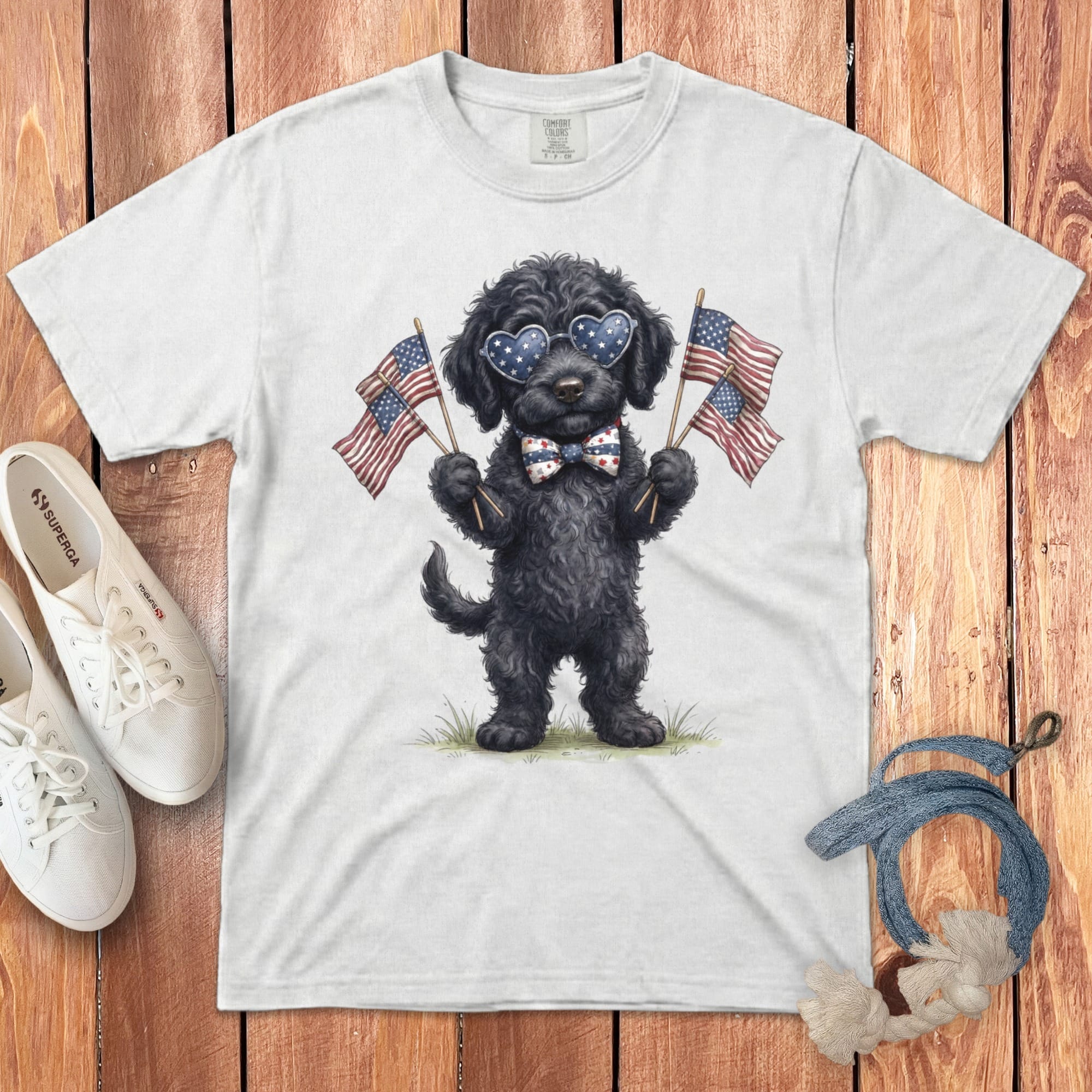 Black Goldendoodle Patriotic Celebration Signature T-Shirt in White / S by Puppy Jo