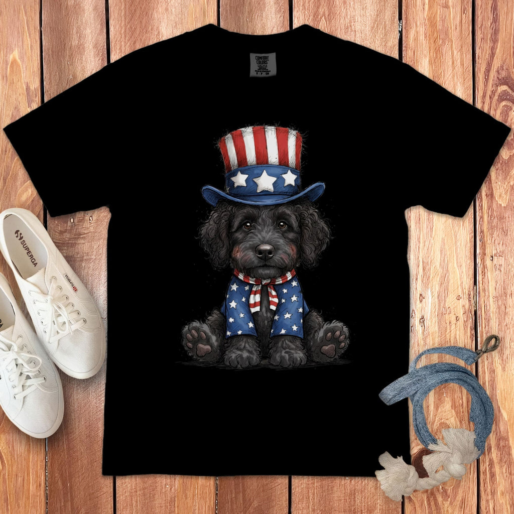 Black Goldendoodle Patriotic Hat Signature T-Shirt in Black / S by Puppy Jo