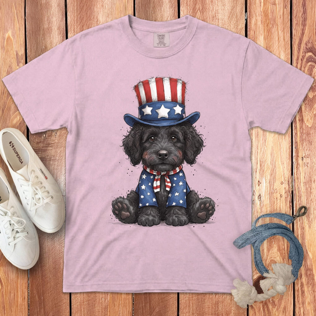 Black Goldendoodle Patriotic Hat Signature T-Shirt in Blossom / S by Puppy Jo
