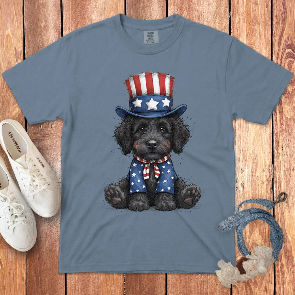 Black Goldendoodle Patriotic Hat Signature T-Shirt in Blue Jean / S by Puppy Jo