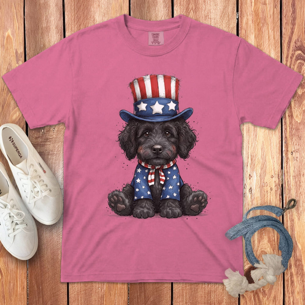 Black Goldendoodle Patriotic Hat Signature T-Shirt in Crunchberry / S by Puppy Jo