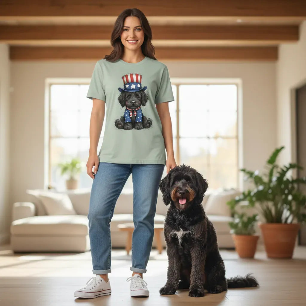 Black Goldendoodle Patriotic Hat Signature T-Shirt in by Puppy Jo