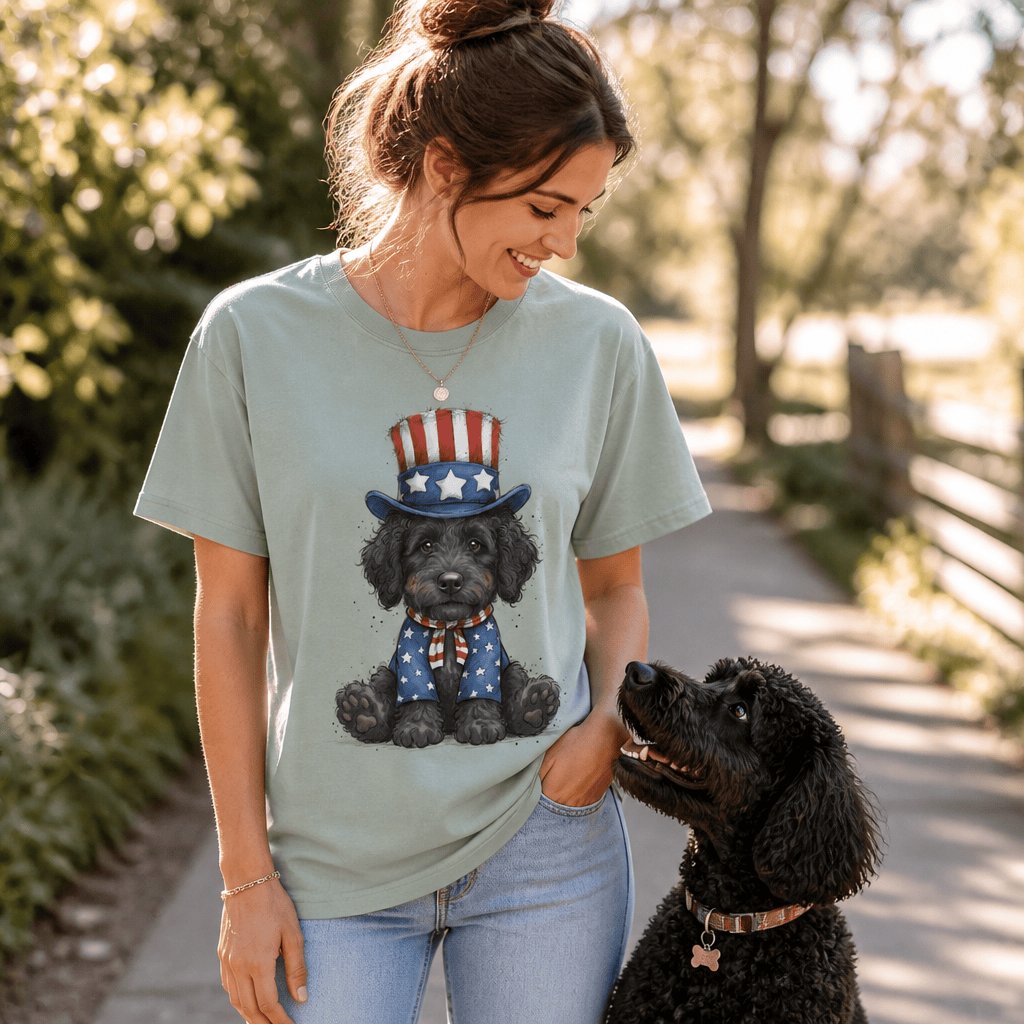 Black Goldendoodle Patriotic Hat Signature T-Shirt in by Puppy Jo