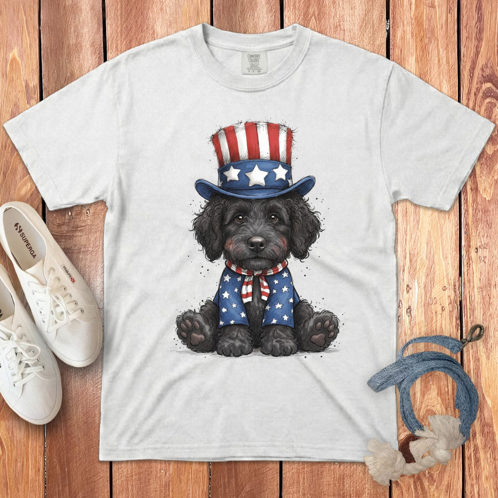 Black Goldendoodle Patriotic Hat Signature T-Shirt in White / S by Puppy Jo
