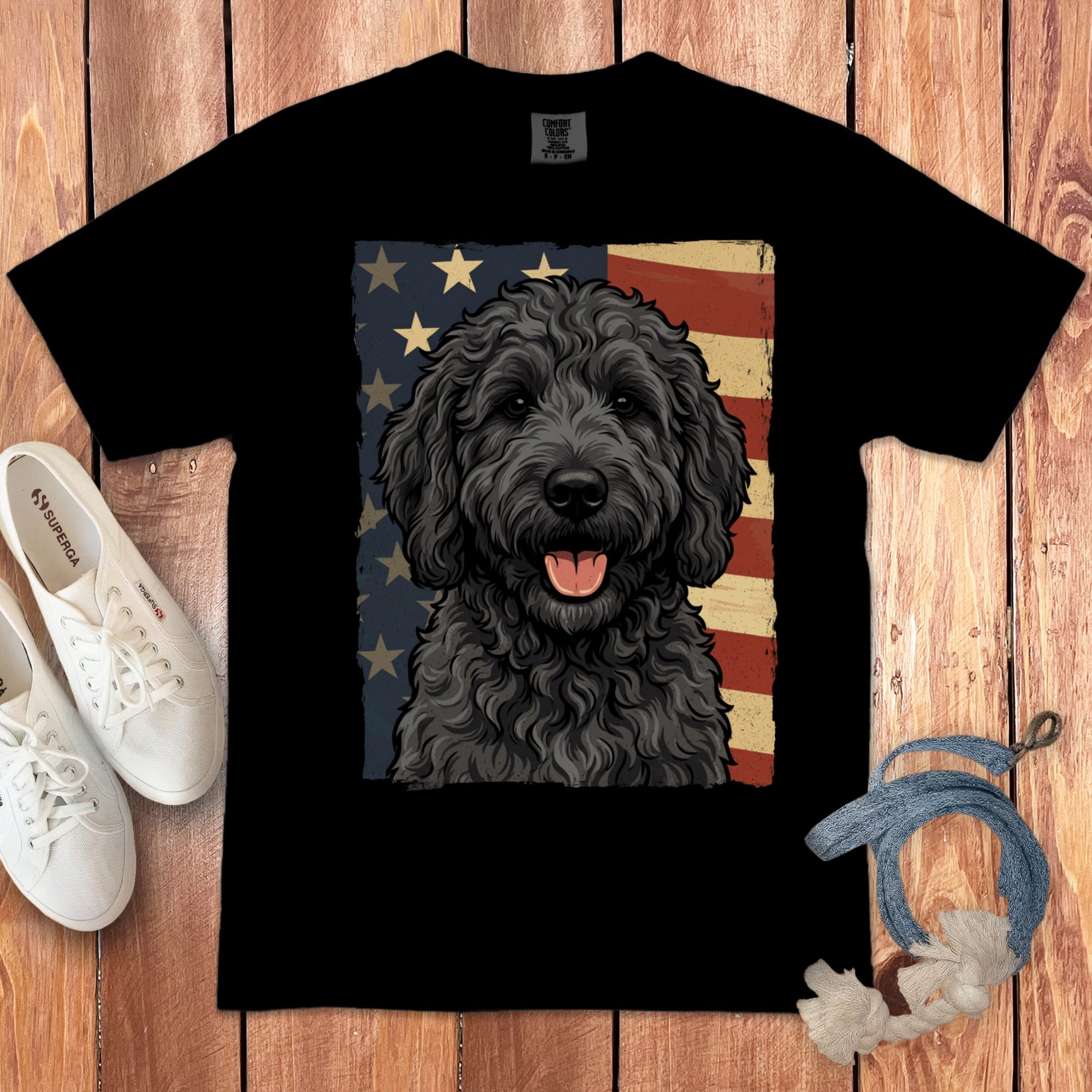 Black Goldendoodle Patriotic Signature T-Shirt in Black / M by Puppy Jo