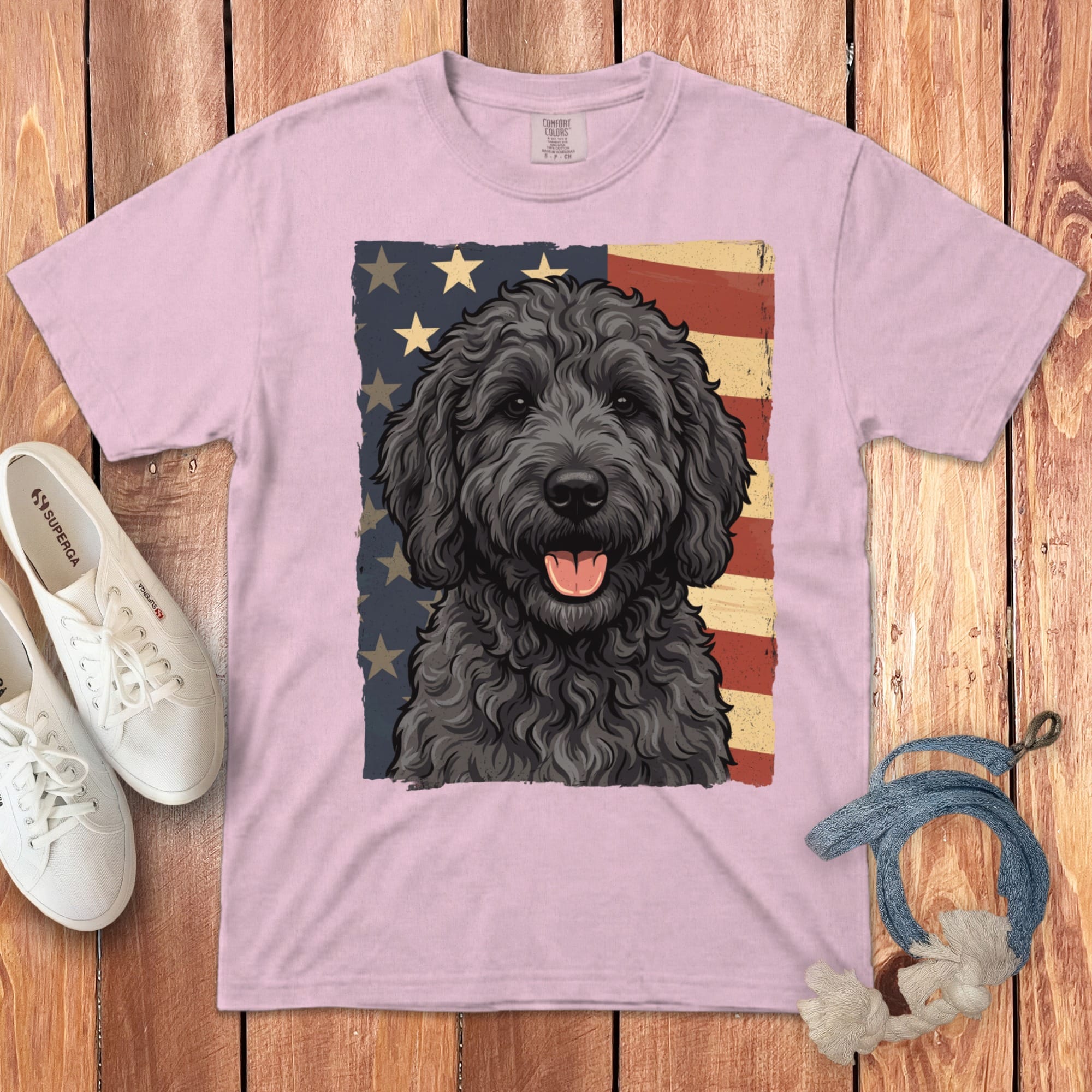 Black Goldendoodle Patriotic Signature T-Shirt in Blossom / M by Puppy Jo