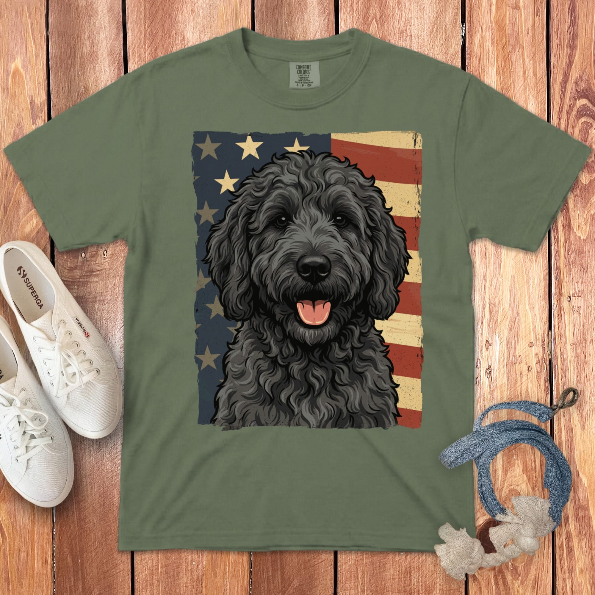 Black Goldendoodle Patriotic Signature T-Shirt in Moss / M by Puppy Jo