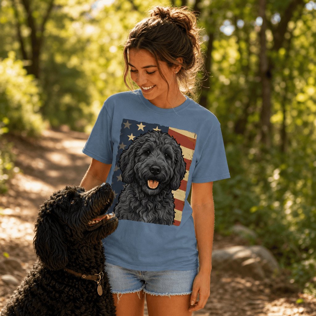 Black Goldendoodle Patriotic Signature T-Shirt in by Puppy Jo
