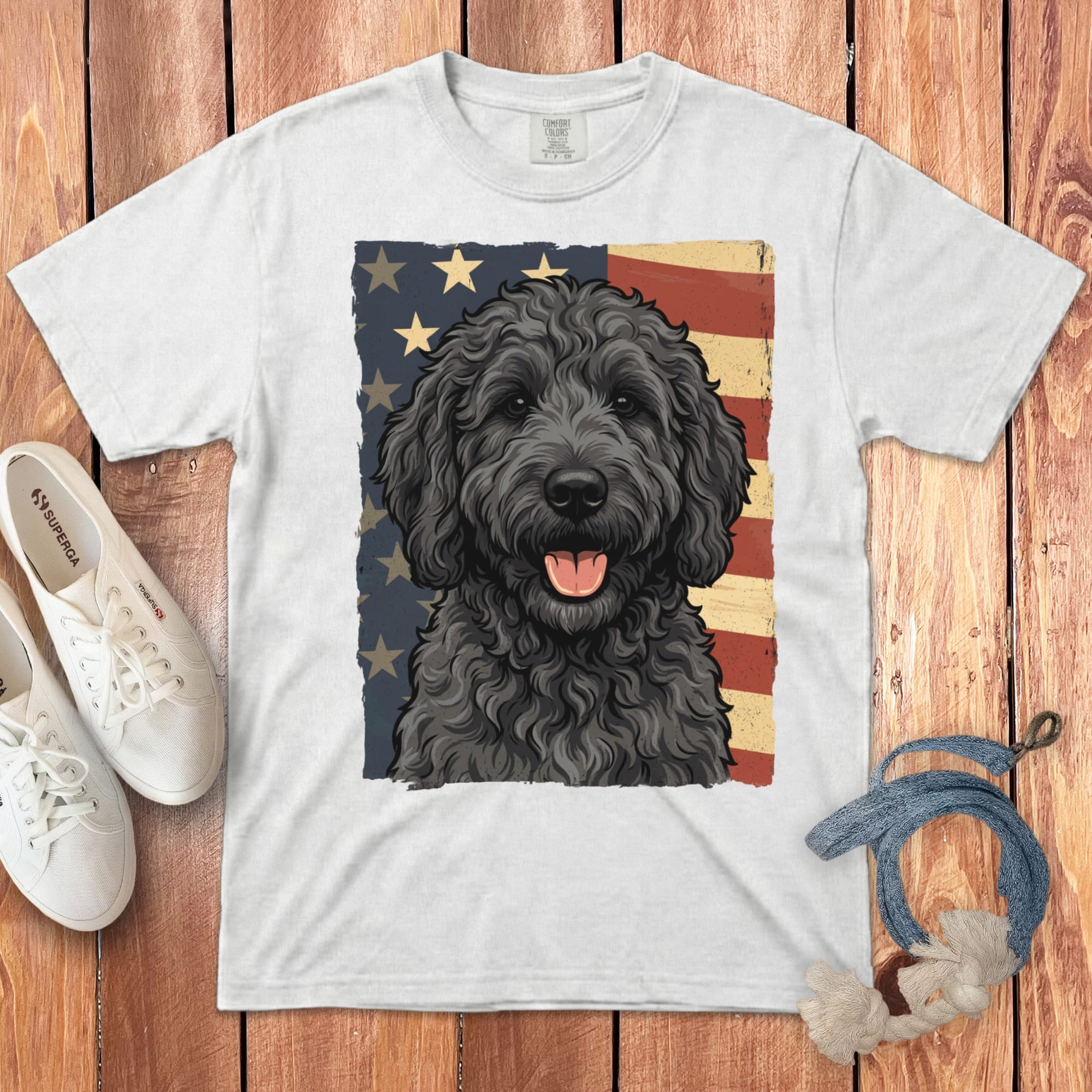 Black Goldendoodle Patriotic Signature T-Shirt in White / M by Puppy Jo