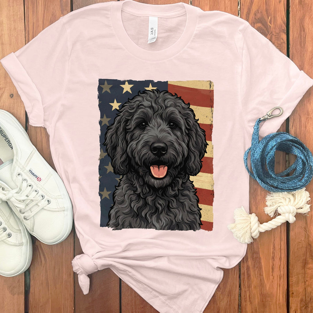Black Goldendoodle Patriotic T-Shirt in Soft Pink / S by Puppy Jo