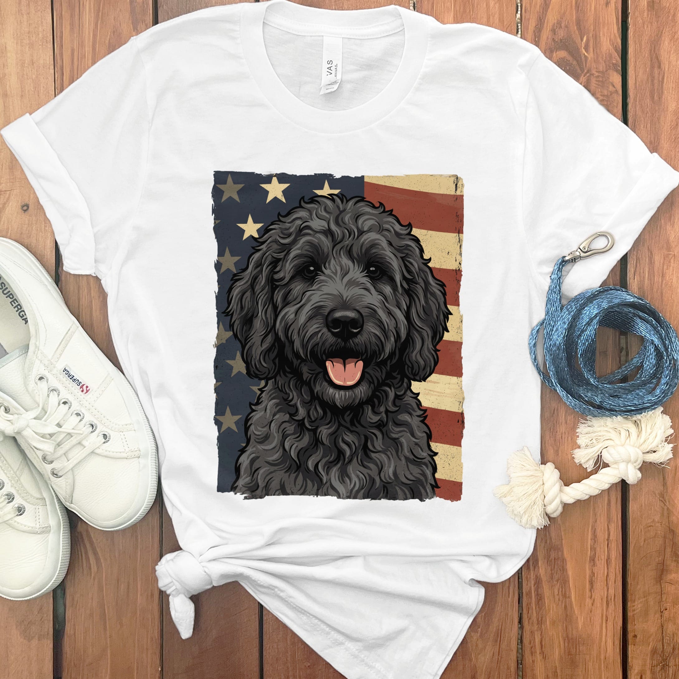 Black Goldendoodle Patriotic T-Shirt in White / S by Puppy Jo