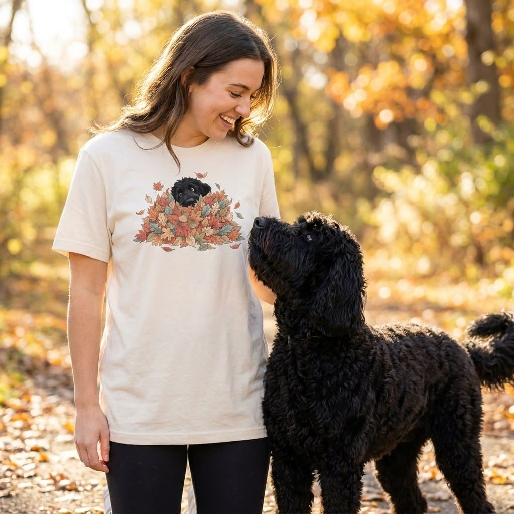 Black Goldendoodle Peeking Leaf Pile T-Shirt in by Puppy Jo