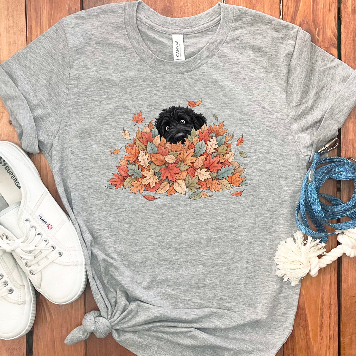 Black Goldendoodle Peeking Leaf Pile T-Shirt in S / Athletic Heather by Puppy Jo
