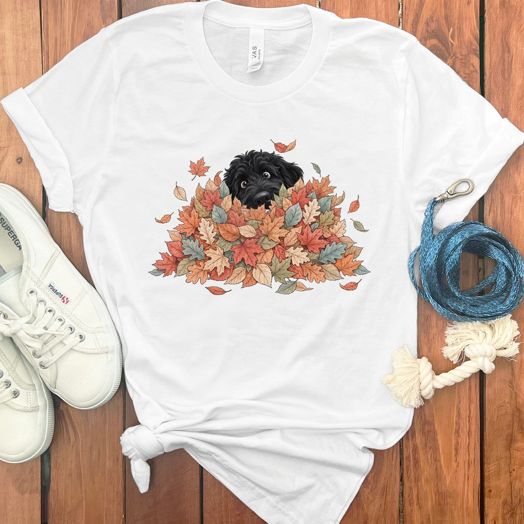 Black Goldendoodle Peeking Leaf Pile T-Shirt in S / White by Puppy Jo