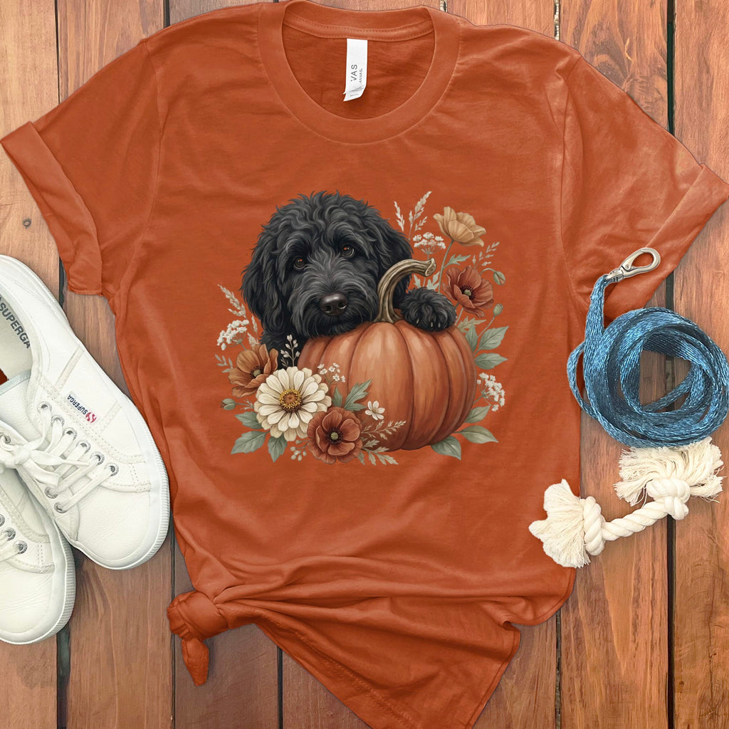 Black Goldendoodle Pumpkin Hug T-Shirt in Autumn / S by Puppy Jo
