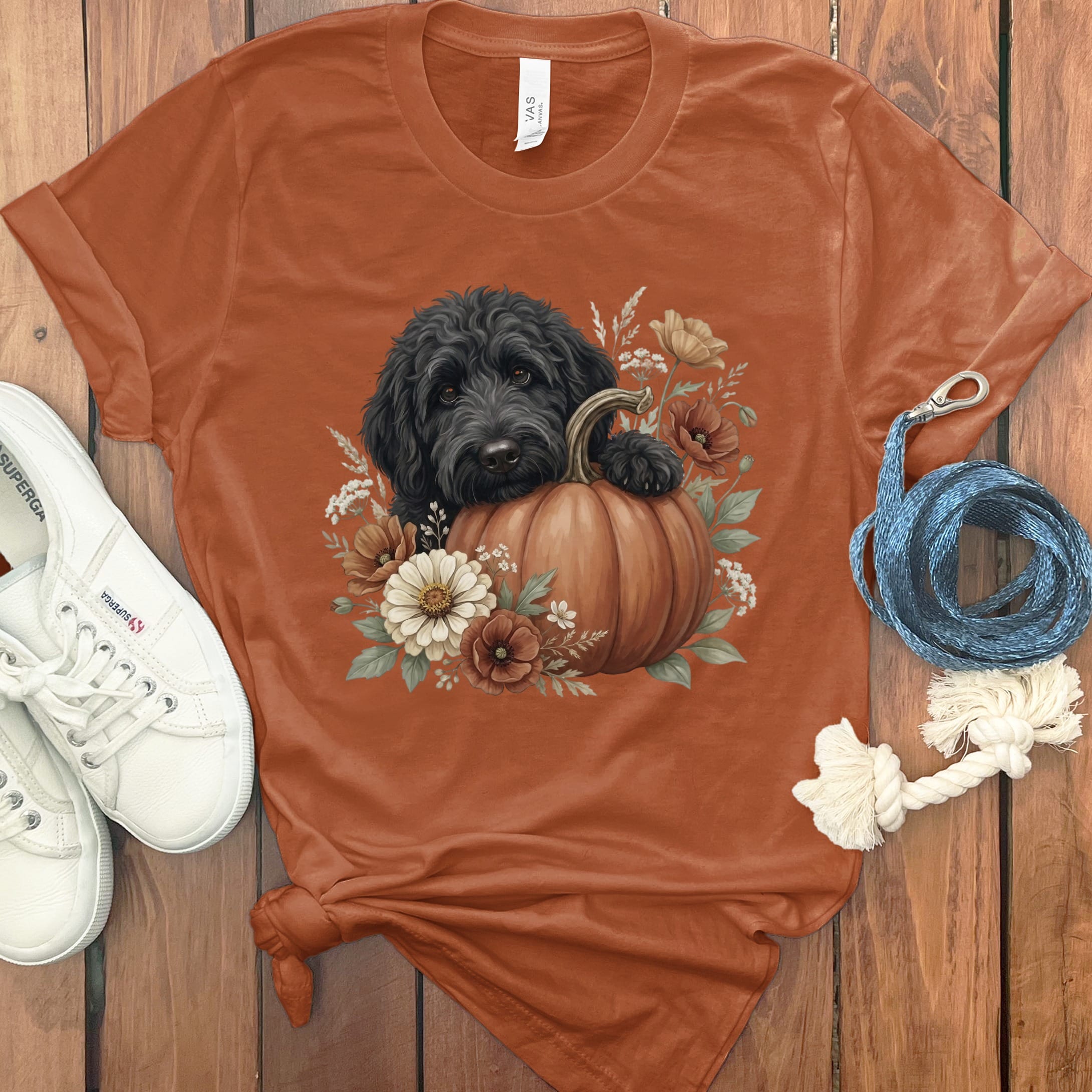 Black Goldendoodle Pumpkin Hug T-Shirt in Autumn / S by Puppy Jo