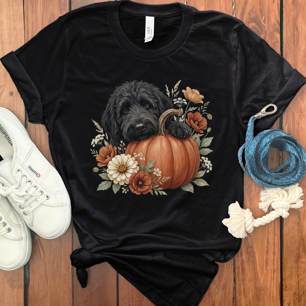 Black Goldendoodle Pumpkin Hug T-Shirt in Black / S by Puppy Jo