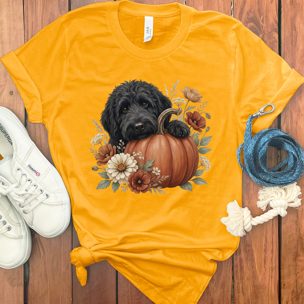 Black Goldendoodle Pumpkin Hug T-Shirt in Gold / S by Puppy Jo