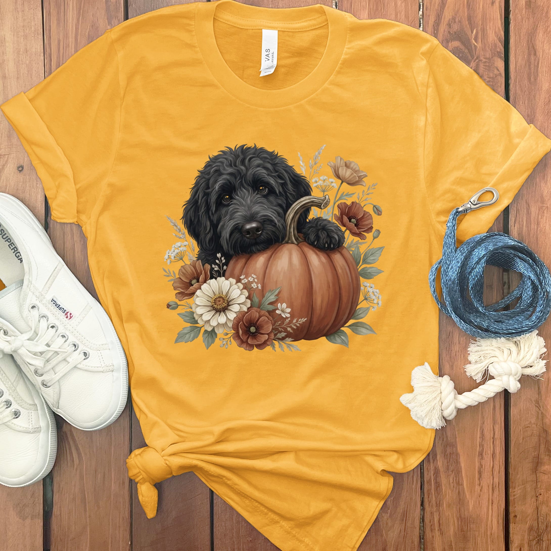Black Goldendoodle Pumpkin Hug T-Shirt in Gold / S by Puppy Jo