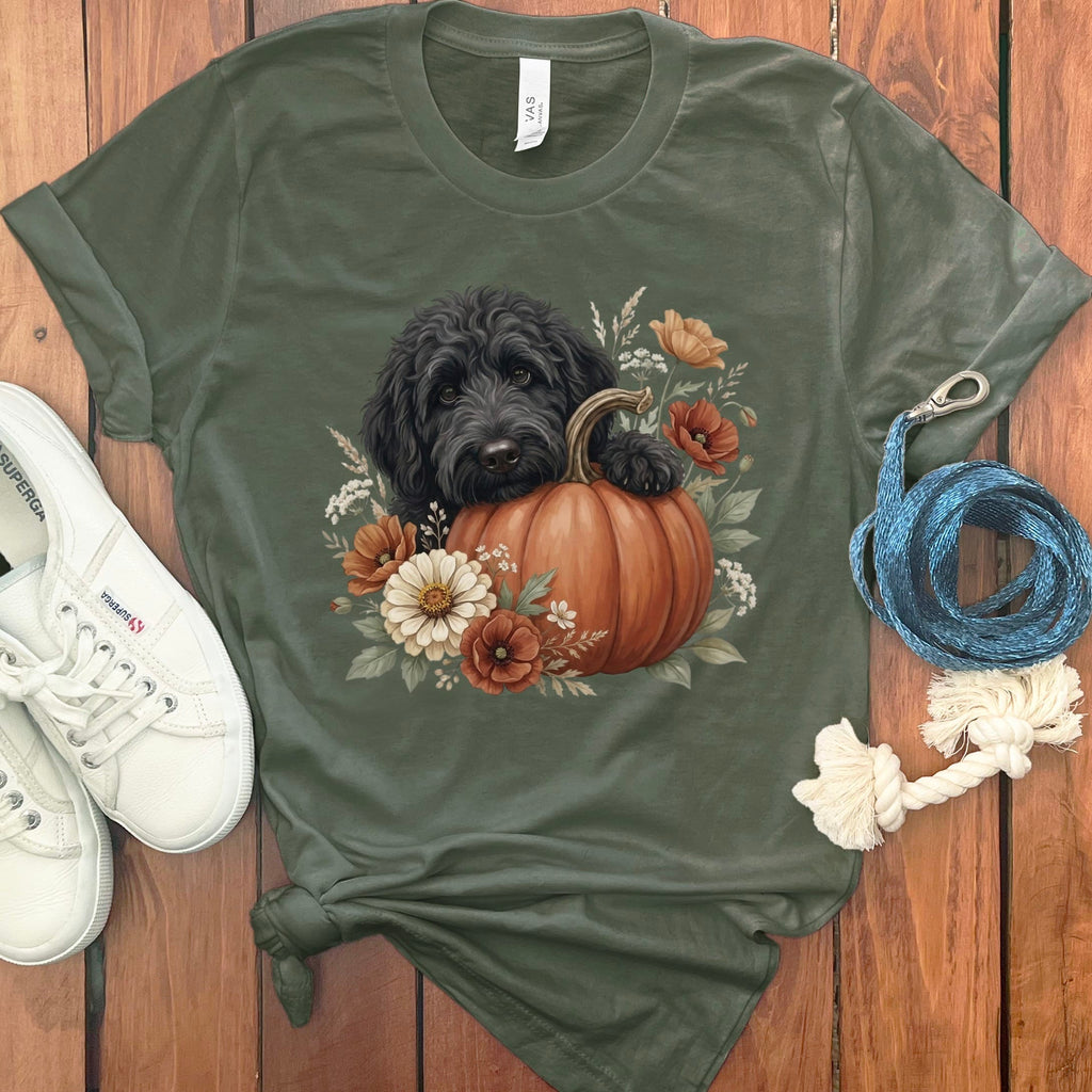 Black Goldendoodle Pumpkin Hug T-Shirt in Military Green / S by Puppy Jo